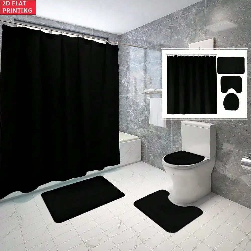2D Flat Set of 4pcs: Shower Curtain with 2D Flat Black Background, 12 Hooks, Non-Slip Bath Mat, U-Shaped Rug, and Toilet Lid Cov