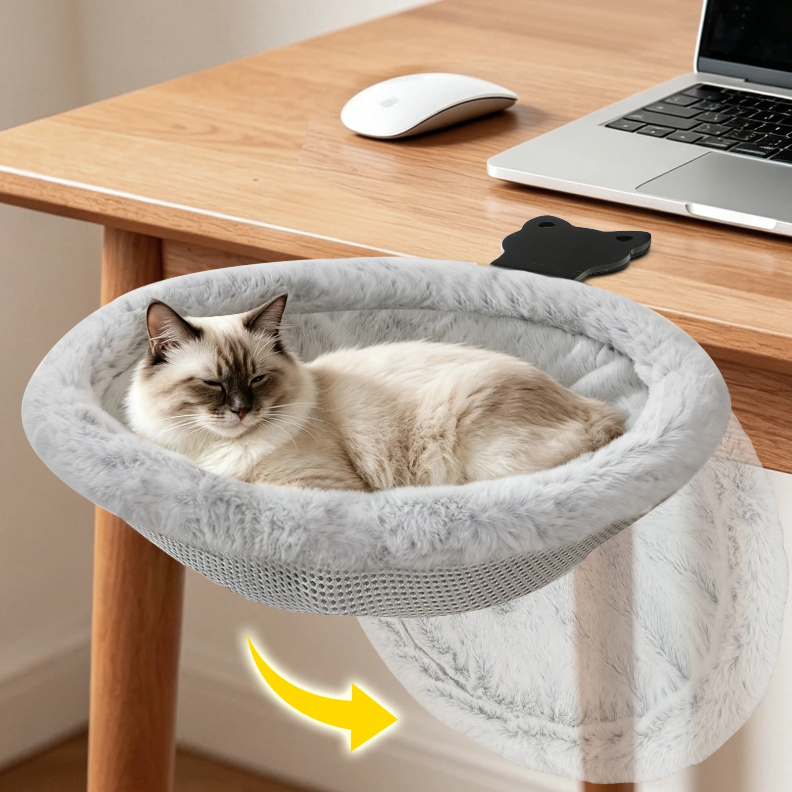 Cat Desk Bed with One-Click Foldable Clip-On Reversible Double-Sided Mat No-Drill Sturdy Metal Cat Desk Hammock Supports 40 lbs