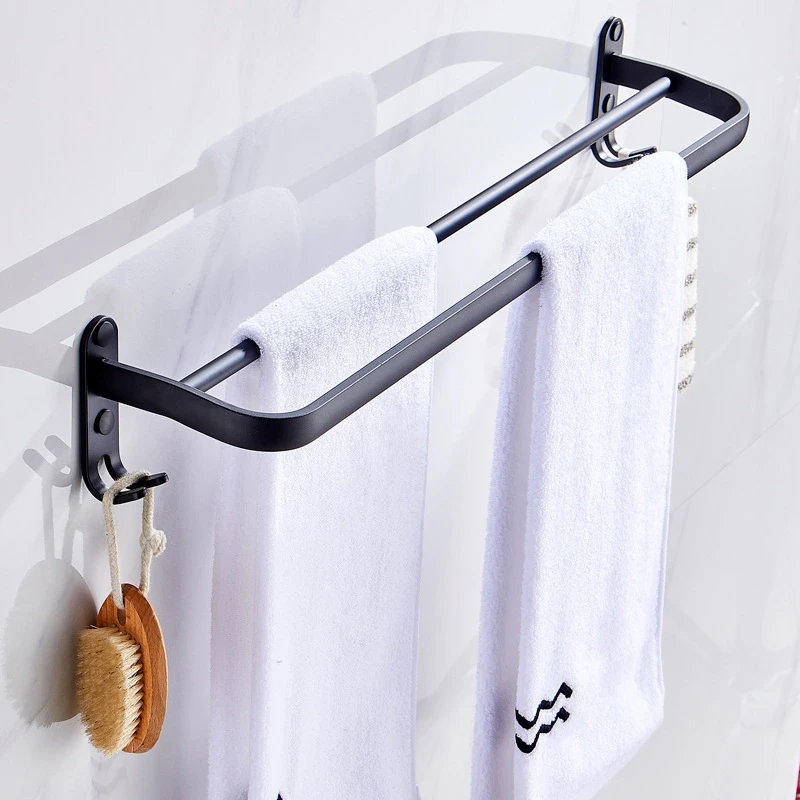 Hot 60 Cm Wall Mount Black Towel Rack Aluminum Double Rod Towel Bar With Hook For Home Hotel Bathroom Shower Accessories