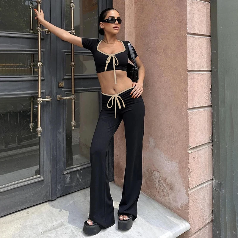 Summer Top Pants 2 Piece Set Women New Sexy Casual Short Sleeve Crop Tees Slim Flare Trousers Sets Fashion Bandage Solid Outfits