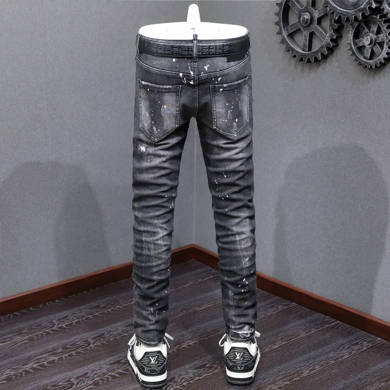 DesignerY2K High Street Fashionable Men's Black Grey Jeans Retro Elastic Slimming Ripple Jeans Men's Painted Hip Hop Brand Pants