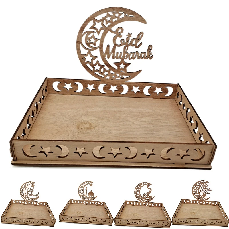 1set Eid Mubarak Wooden Tray Table Centerpieces for Ramadan Home Party Supplies 2025 Kareem Muslim Festival Party Gift