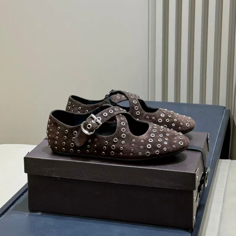 

Оригинальные дизайнерские балетки с заклепками и перекрестными ремешками для женщин, повседневные туфли Мэри Джейн с круглым носком в ретро-стиле