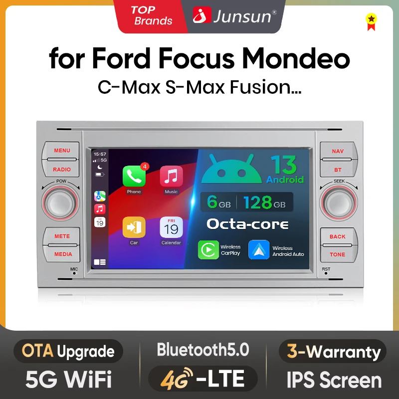 Junsun 7 "Wireless Carplay Android Auto Autoradio per Ford Focus Fiesta C S-max Fusion kuga Transit Galaxy Mondeo GPS RDS Player