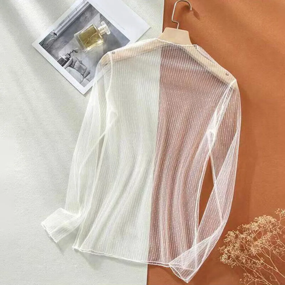 Camiseta de manga larga para mujer, blusa transparente de malla transparente, camisa inferior de encaje para playa de verano