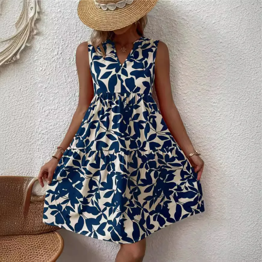 

Summer Dress Women's New Casual Dot V Neck Sleeveless Bandage Beach Pop Floral Belt Women's Clothing Women Vestidos Mujer