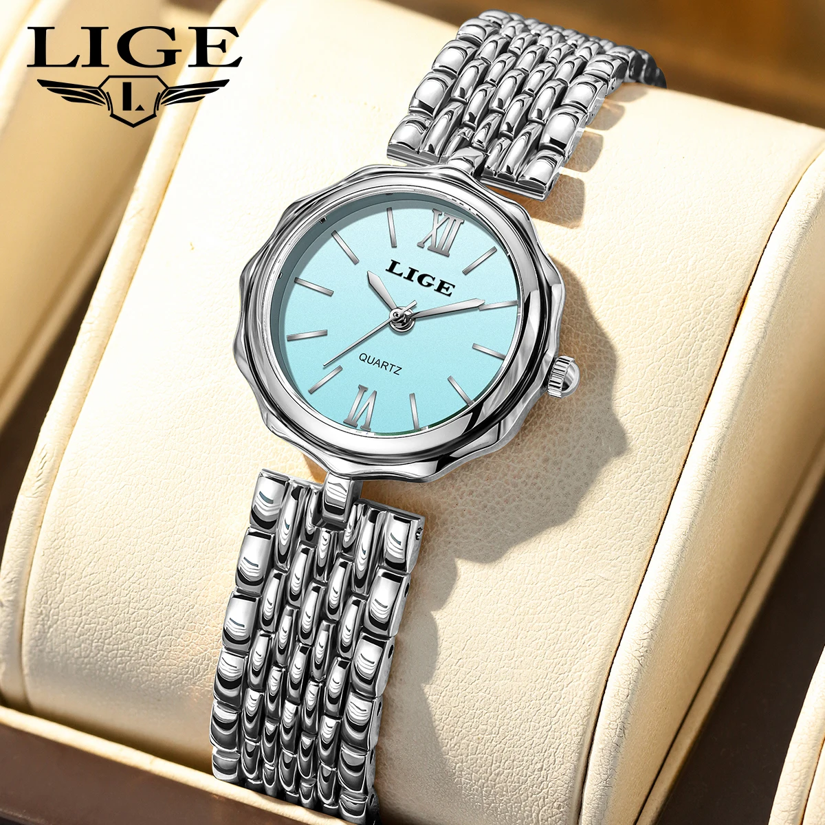 ساعة كوارتز عصرية للنساء من LIGE بسيطة وأنيقة بمينا مربع وحزام من الفولاذ المقاوم للصدأ باللون الذهبي مقاومة للماء ساعات عمل ترفيهية + صندوق #1