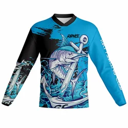 Men's outdoor fishing round neck long-sleeved T-shirt, sailfish, piranha pattern printing cycling quick-drying shirt