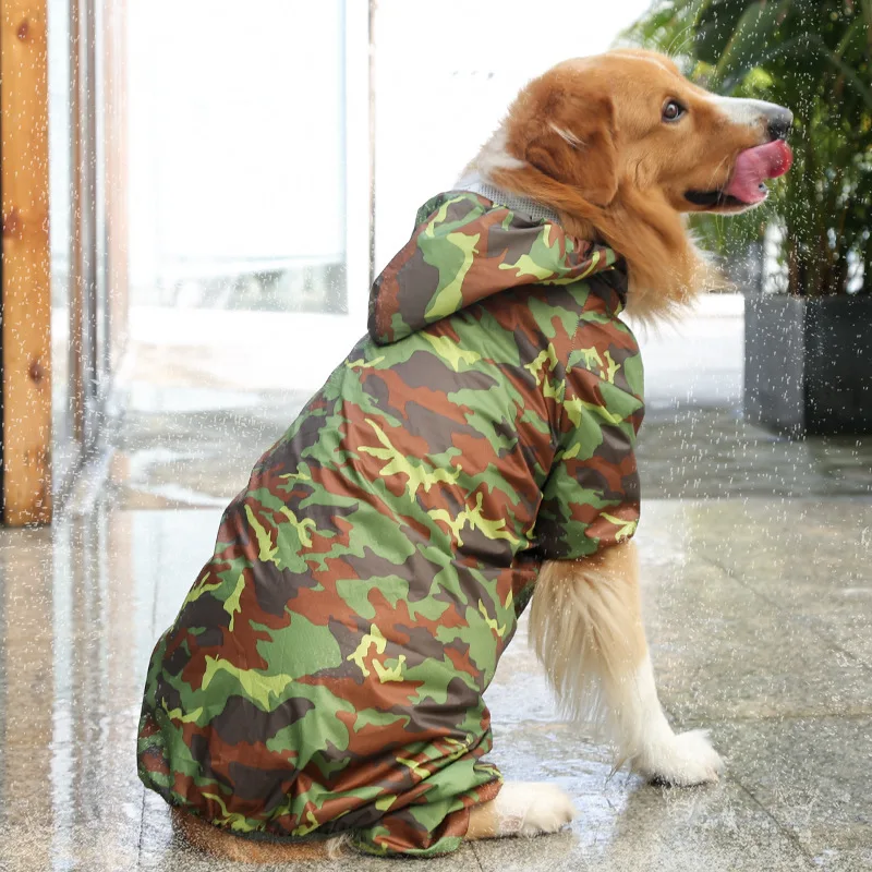 Large Dog Rain Coat with Leash Hole Camouflage Lightweight Rainproof Hoodie Clothes for Golden Retriever Alaskan Malamute Husky