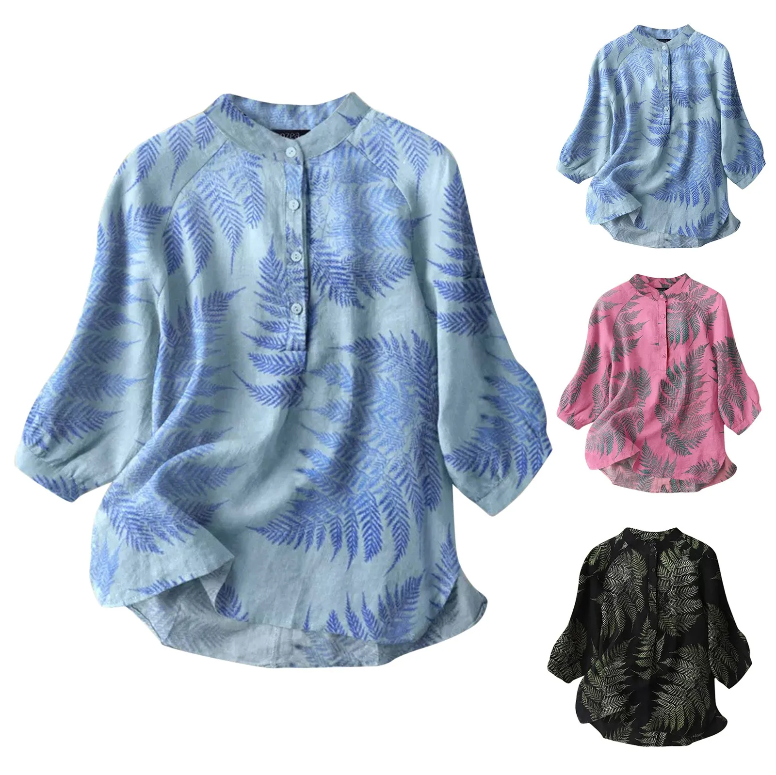 2023 Oversize Cotton Linen Blouse Vintage Leaf Print Button Tops Women Fashion 3/4 Sleeve Blusas Female Boho Elegant Tunic Shirt