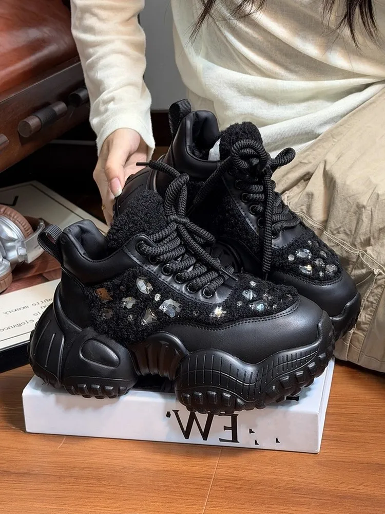 الشتاء النساء منصة سميكة الدافئة الصوف بطانة الرياضة في الهواء الطلق احذية الجري جديد المنخفضة قطع الدانتيل يصل الماس تقسم الركض أحذية رياضية #3