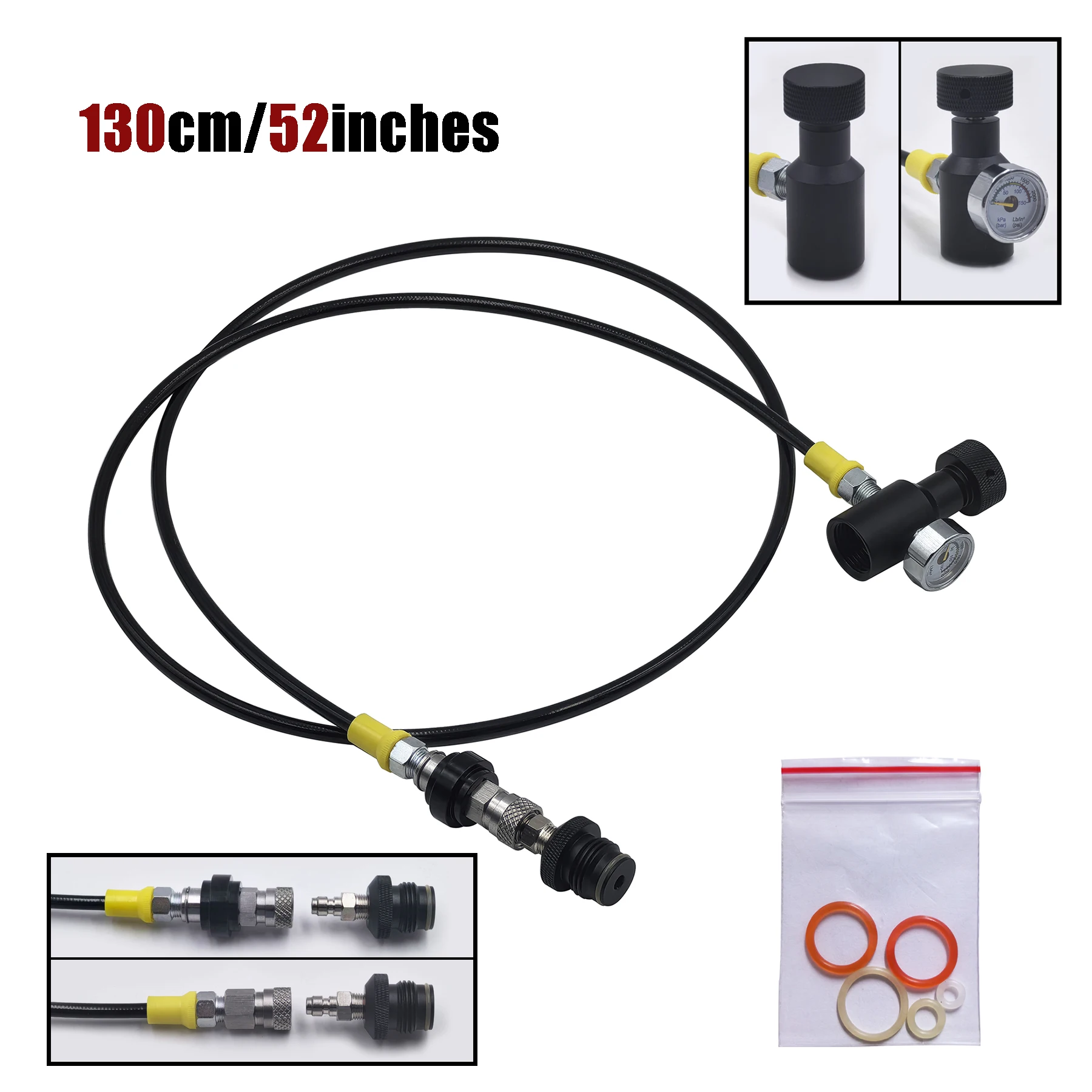 HPA Paint Marker Coil Remote Hose Stright Line 52inches(1.3M) Slide Check 8mm Male and Quick Disconnect 2000psi/150bar Gauge