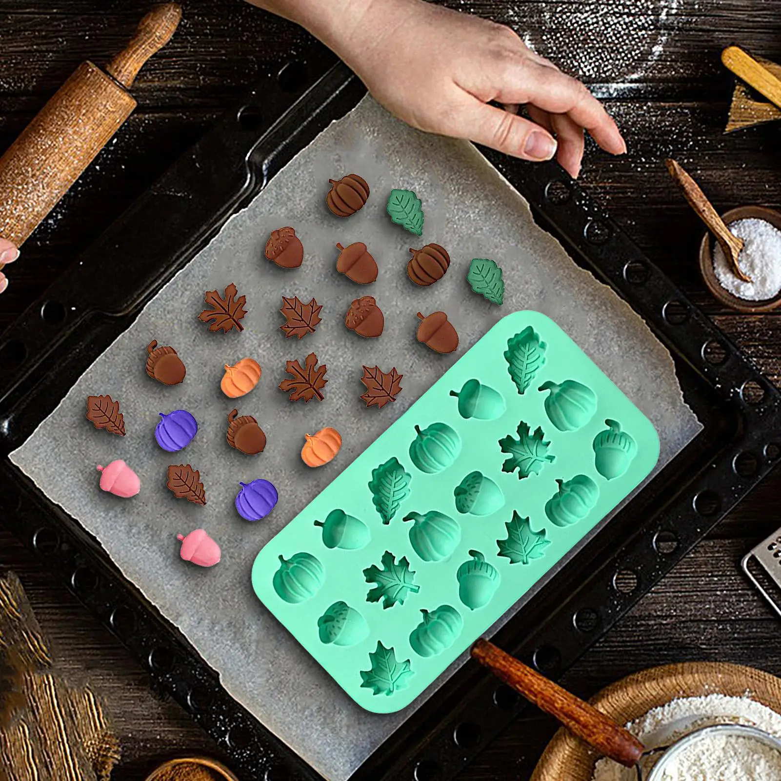 Mini Fall Molds 18-Cavity Pumpkin Pine Cone Maple Leaves Moulds Mini Silicone Non Stick Easy Release Molds for Craft Soap