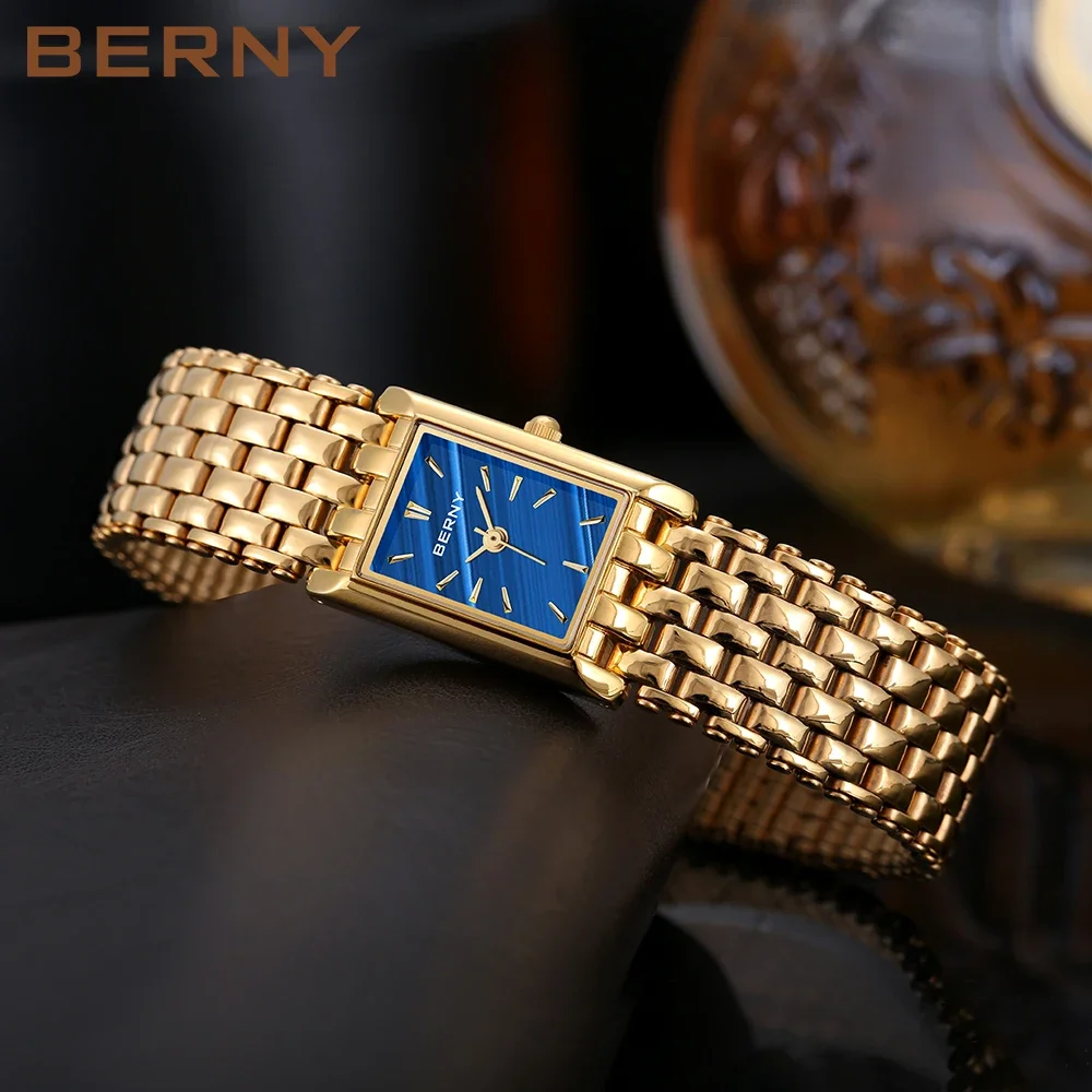 BERNY Quartz Watch for Women Glod Rectangle Luxury Waterproof  Female Clock Stainless Steel Classic Fashion Ladies WristWatch