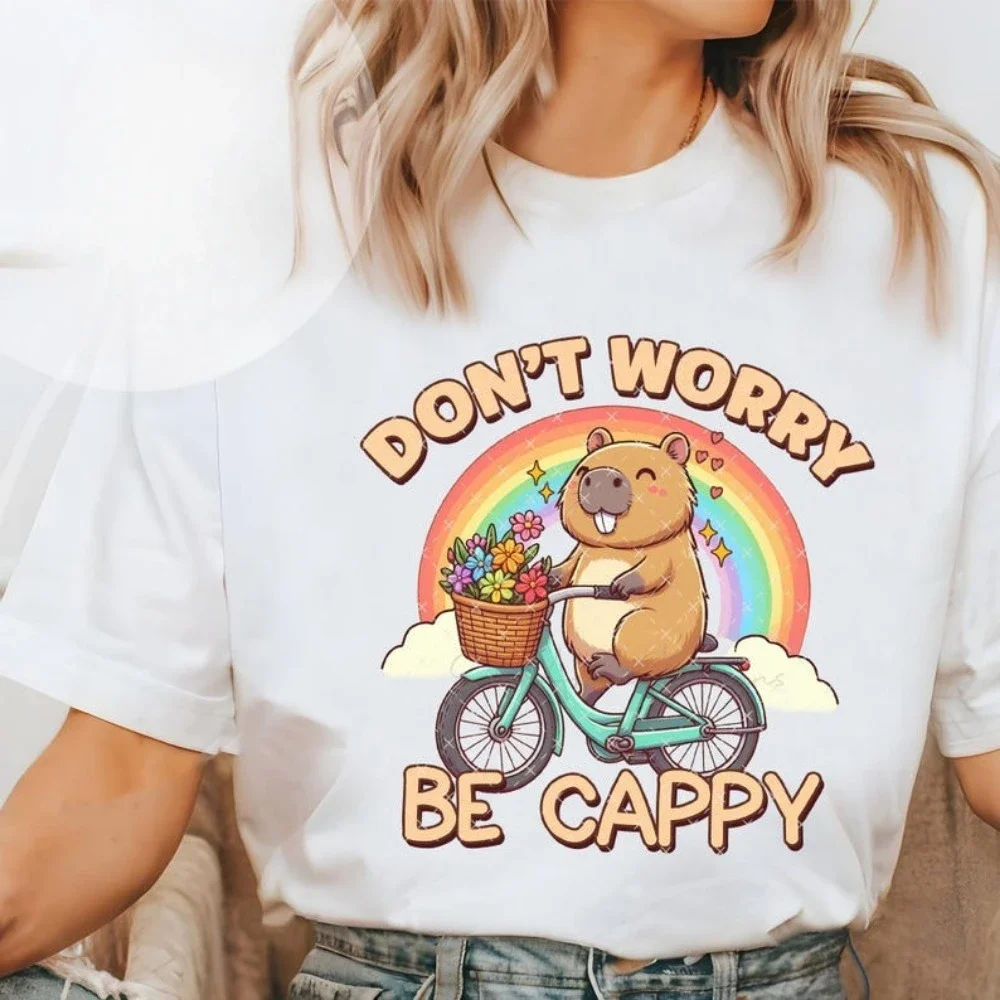 Don't Worry Be Cappy Cute Capybara T-Shirt Positive Attitude Sun Rainbow T-Shirt Damen Sommer Baumwolle Kurzarm Herren Casual Tops