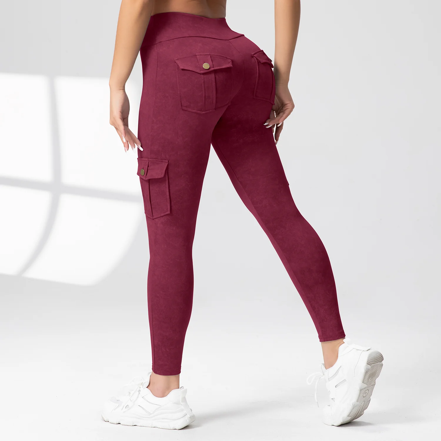 ผู้หญิงล้างพิมพ์โยคะ Cargo กางเกงขายาวพร้อมกระเป๋าเอวสูงยกสะโพกฟิตเนส Legging ยืด SLIM FIT ขี่จักรยานกางเกงกีฬา