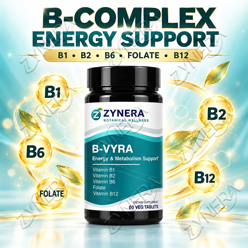 Zynera Vitamin B Complex Tablets with B1 B2 B6 Folate B12 Energy Metabolism Nervous System Support 60 Veg Tablets
