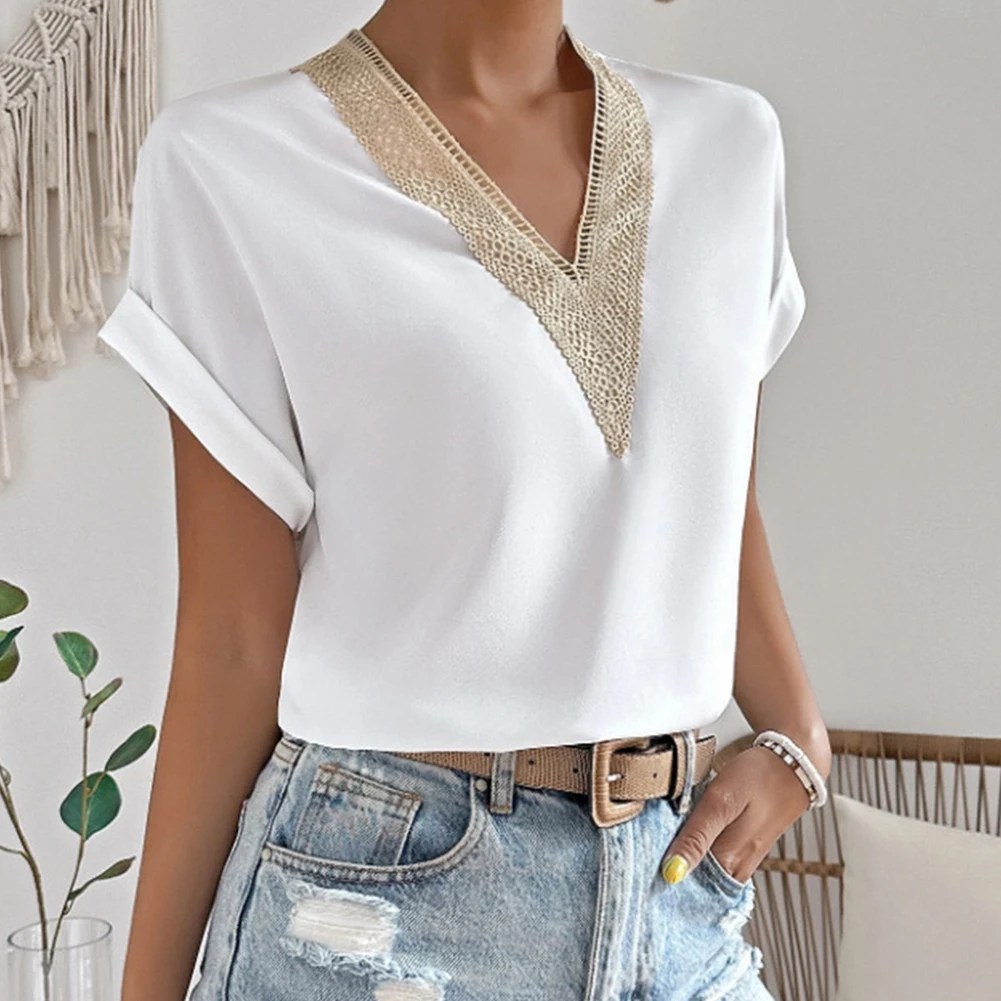 

Women's Blouse Solid Color V-neck Summer Lace Short Sleeved Tops Female Clothing Fashion Casual Breathable Shirts