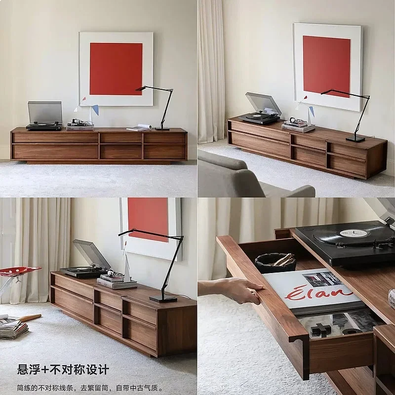 N80 Black Walnut Solid Wood TV Stand Nordic Mid-Century Retro Living Room Sideboard Storage Cabinet with Skeleton Lines