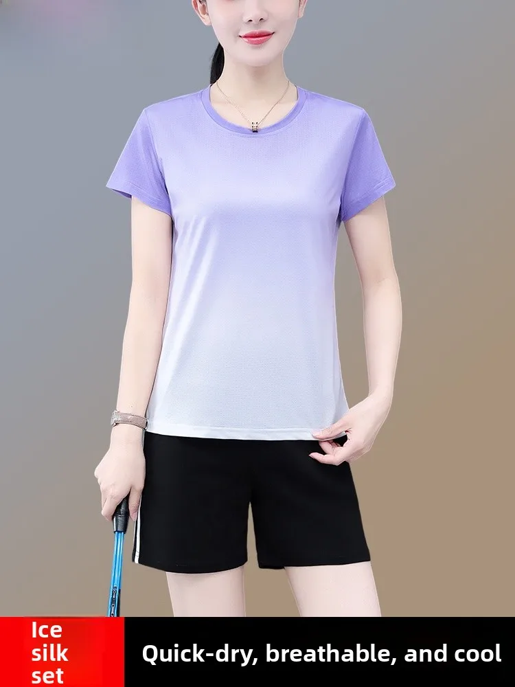 

TUCANO Summer Ice Silk ort Sve Running Sportswear Set Women's Lightweight Casual Two-Piece Suit Qui Dry round Ne