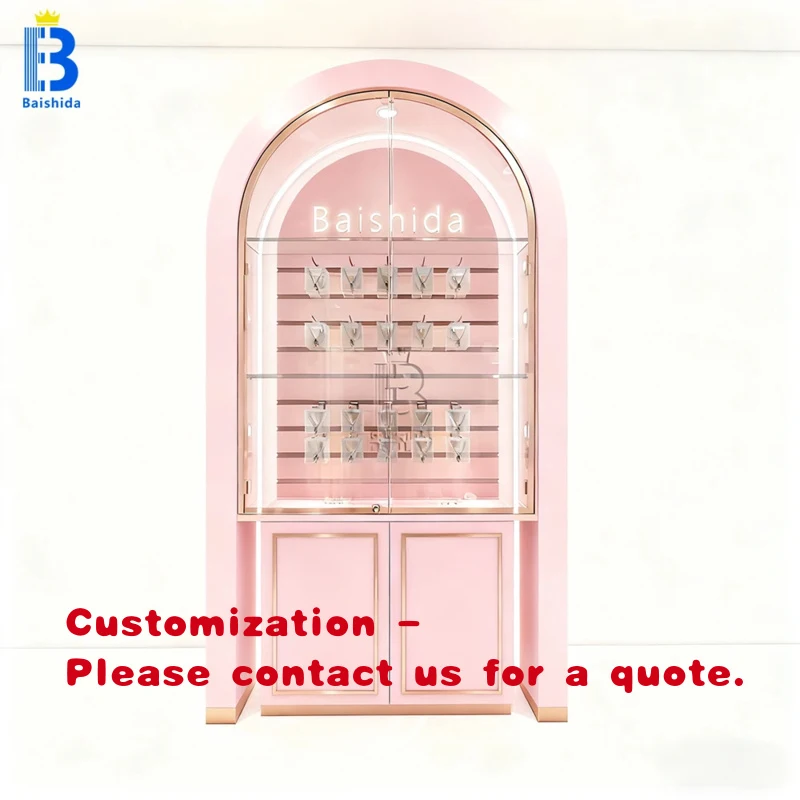 custom.Custom pink Spray-painted Jewelry Display Storage Cabinets Necklace Wall-mounted Display Rack Featuring LED Lighting