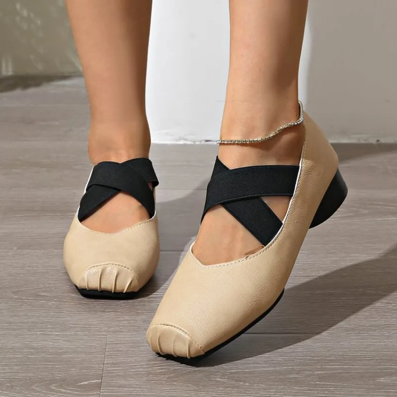 Spring 2026 New Women's Ballet Shoes Square Toe Thick Middle Heel Cross Elastic Cowhide Color Office Women Shallow Single Shoes