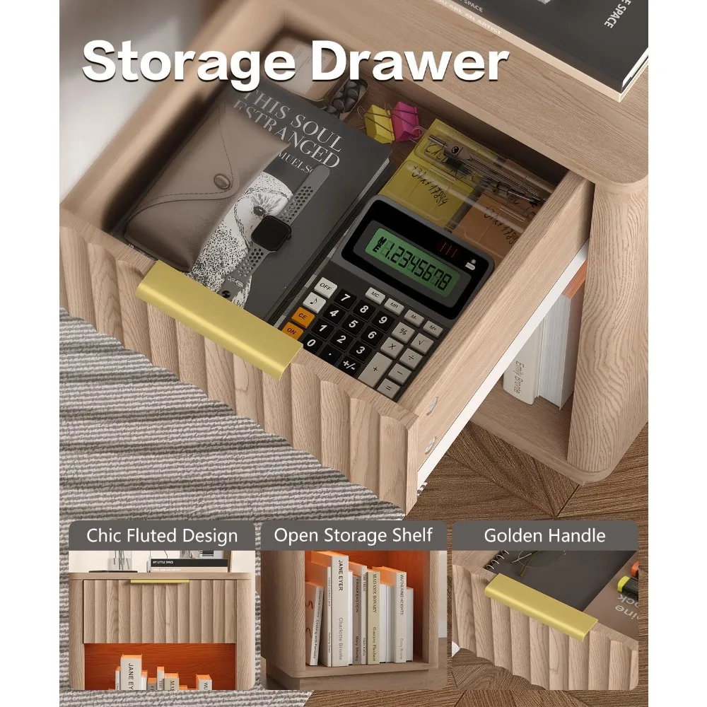 طقم منضدة مكونة من قطعتين، حامل ليلي خشبي مع قاعدة شحن وإضاءة LED، طاولة نهاية حديثة مع درج وتخزين مفتوح #5