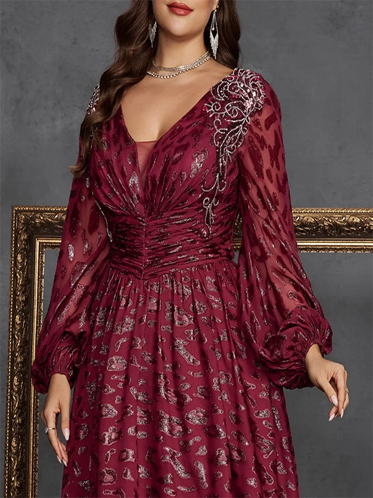 Lucyinlove Abiti da sera di lusso con applicazioni taglie forti Abiti da cocktail per feste di nozze con paillettes formali a sirena a maniche lunghe da donna