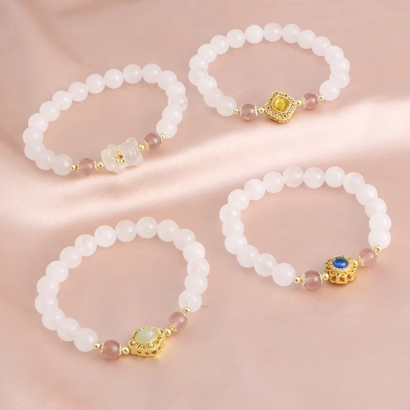 Minar Kawail Multiple White Natural Stone Crystal Jade Floral Coin Bear PI XIU Flower Cat Heart Rabbit Strand Bracelets Women