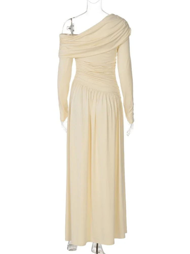 Femme vêtements col diagonale irrégulière longue robe Maxi 2025 automne femme froncé tuniques taille haute solide fête robes de soirée