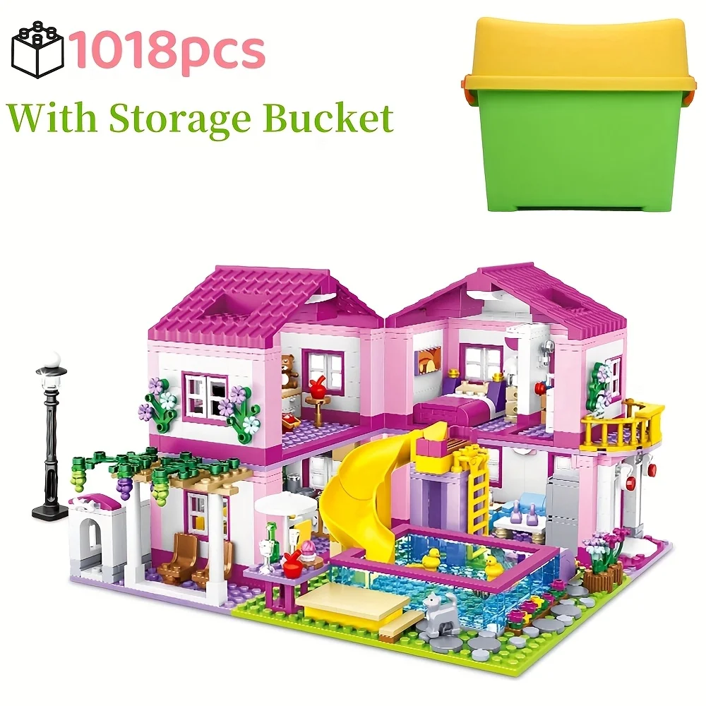 City street view villa summer vacation villa castle building block girl series swimming pool DIY assemble children christmas