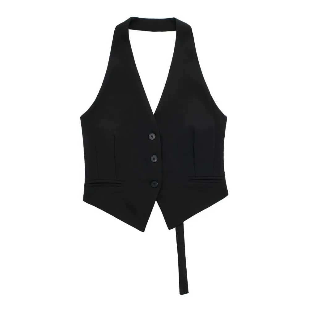 

2025 Summer Casual Backless Formal Vests Women's Suit Vest Halter Neck Sleeveless Vest Woman Off Shoulder Black White Short Vest