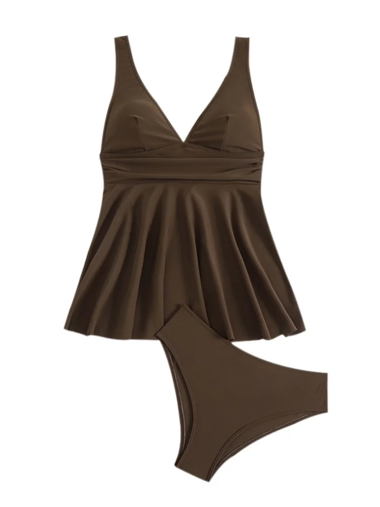 Dwuczęściowy kostium kąpielowy dla kobiet 2024 New Solid V Neck Sling Sexy Tankini Swimwear Summer Long Dress High Waist Strój kąpielowy dla kobiet