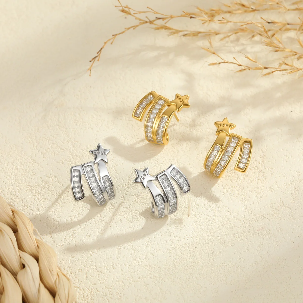 Stainless steel light luxury five-pointed star ladder square zircon earrings for women, niche design, high-end jewelry wholesale