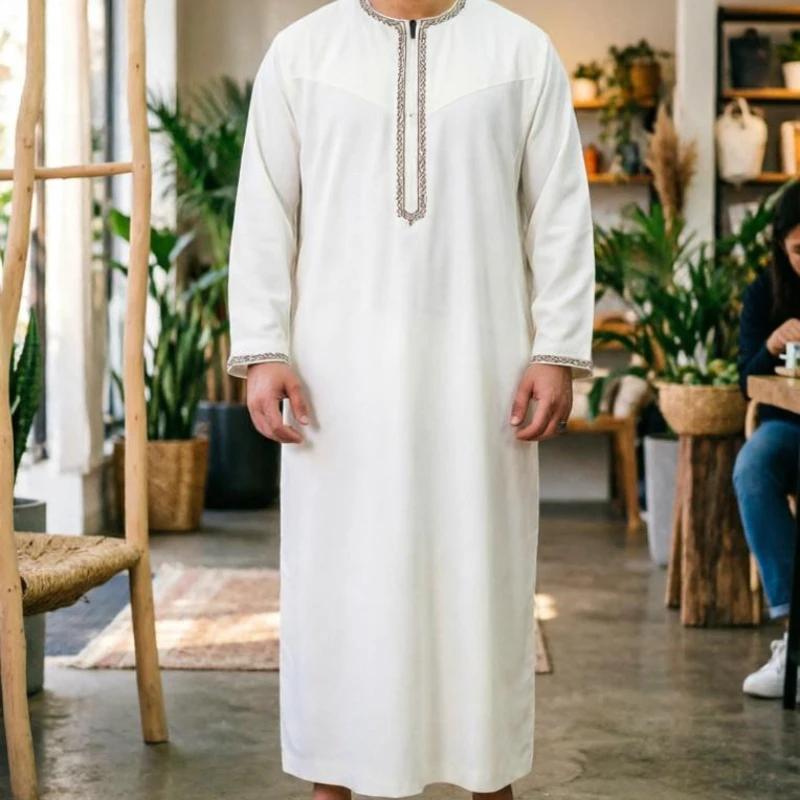 Men's Retro Jubba Robe Long Sleeve Zipper Embroidery Arab Muslim Thobe O-neck White Caftan Male Abaya Eid Ramadan Prayer Clothes