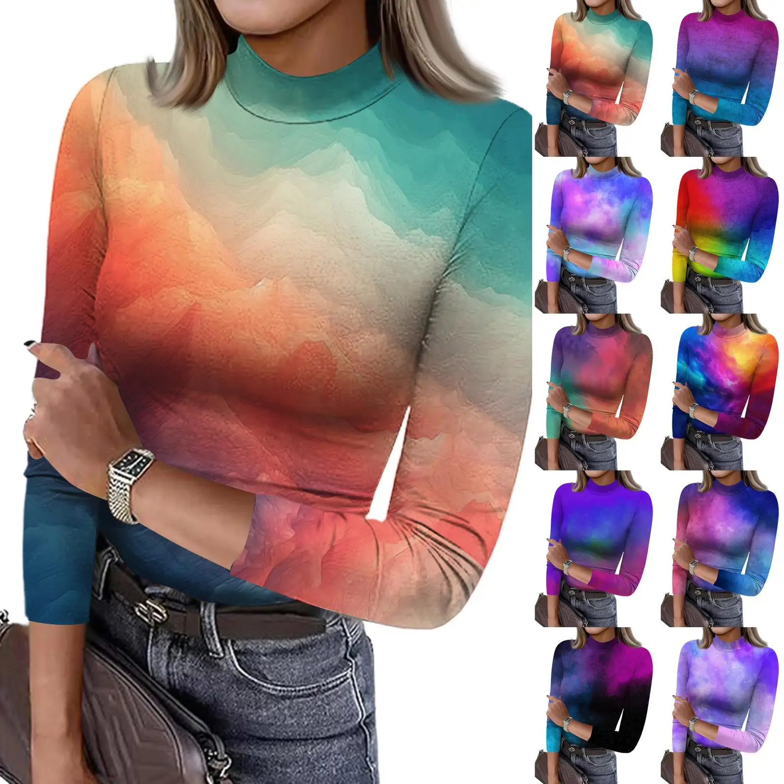 

Fashion Ladies Gradient Printing T-shirt Top Spring Autumn Women's Slim Bottom T-shirts Female Casual Round Neck Pullover Tops
