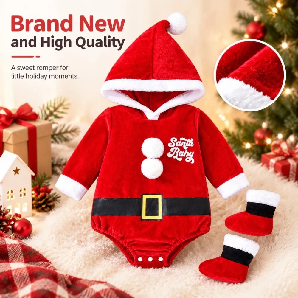 Warm Velvet Santa Claus Costume Hooded Design with Socks Set Jumpsuit Outfit Long Sleeve Hooded Rompers Costume For Boys