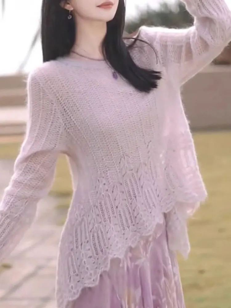 Hollow Knitted Long Sve Casual Pure Color Overhead Top Loose Slimming Sle Early Autumn Lazy Faion Leisure Anti-aging