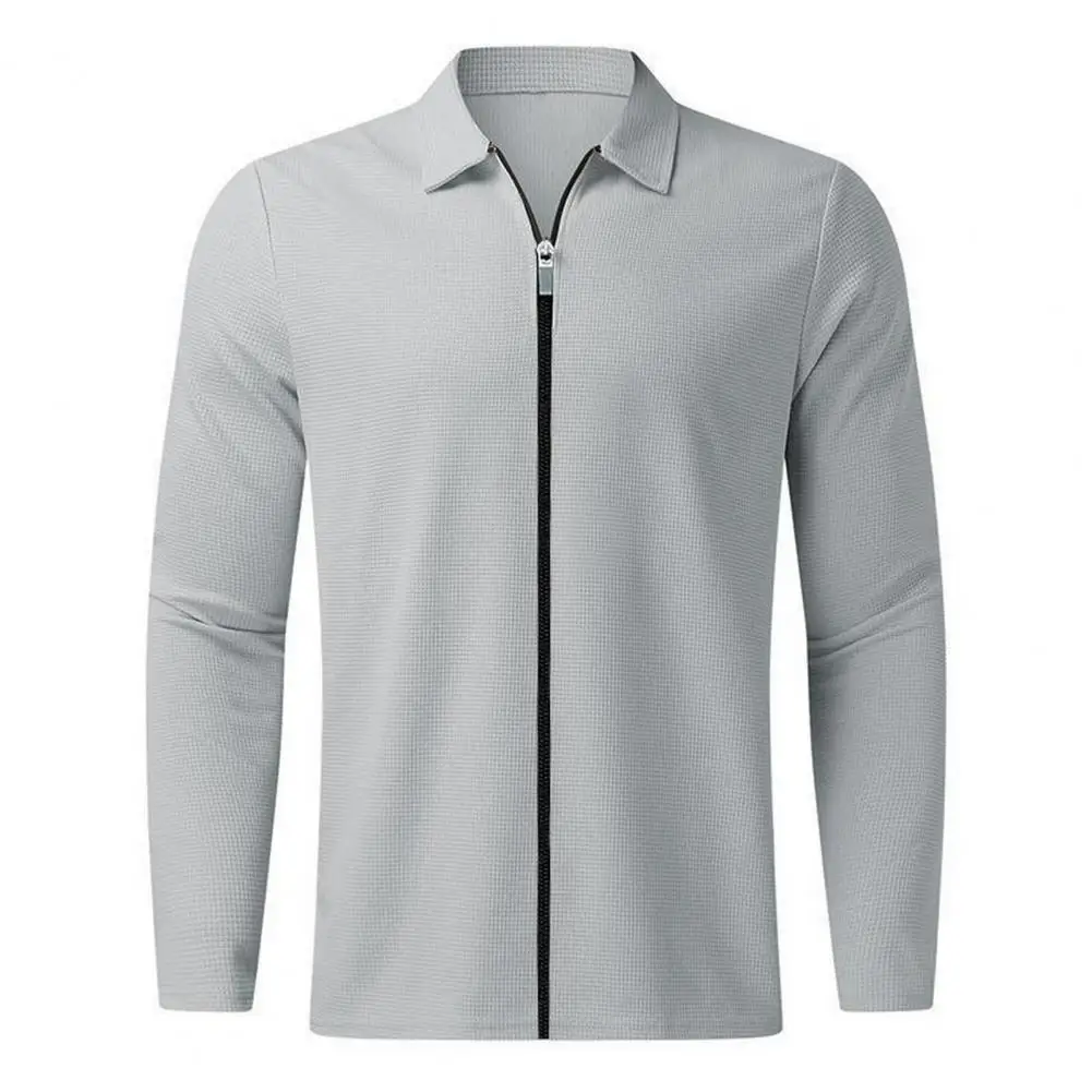 Men Shirt Autumn Winter Solid Color Long Breathable Sleeve Lapel Zipper Placket Outdoor Sports T-Shirt