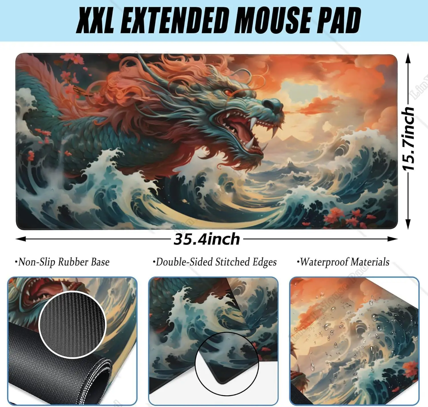 Dragon and Blue Ocean Large Extended Gaming Mouse Pad with Non-Slip Rubber Base Stitched Edges for Computer Office 35.4X15.7 In