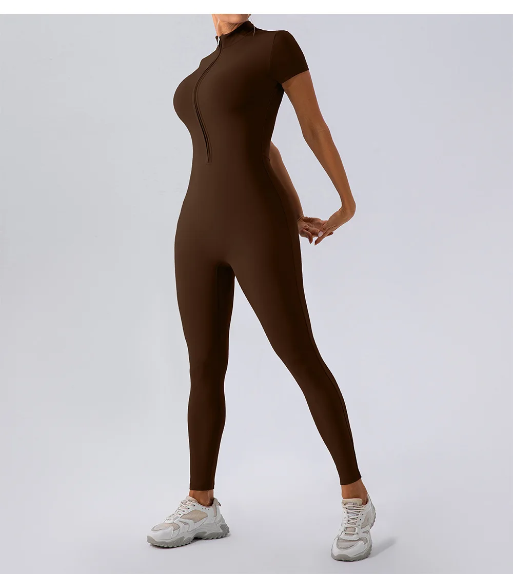 Tute da donna Manica corta Yoga Sottile Slim Fit Stretch One Piece Pagliaccetto Fitness sexy Abbigliamento sportivo femminile Cerniera stretta da donna