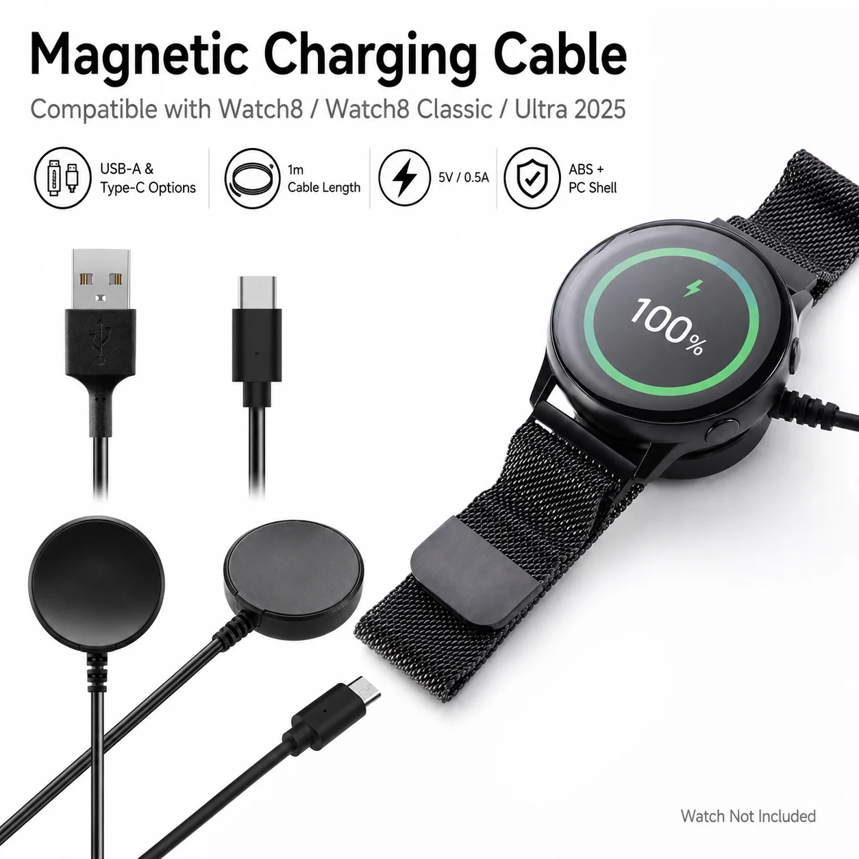 Magnetic Charging Cable for Galaxy Watch8 Classic Ultra 2025 Smartwatch Charger USB-A Type-C Optional Replacement Power Cord