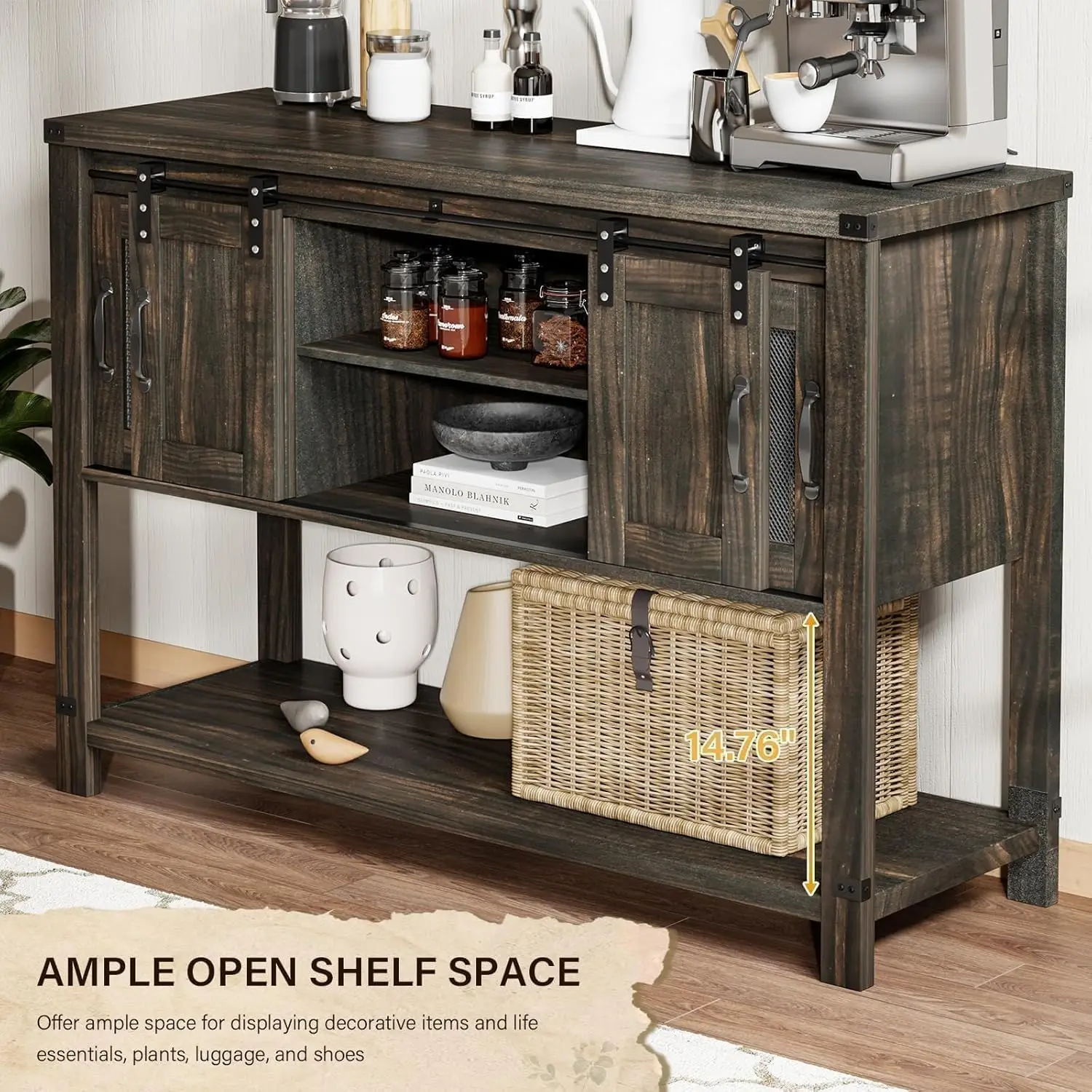 Armoire de bar à café de ferme avec rangement, table de bar basse avec porte de grange coulissante, armoire de buffet à café avec portes en maille métallique