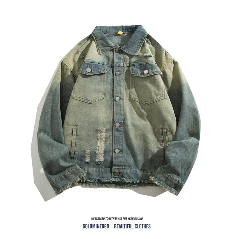 

Ретро-джинсовая куртка с эффектом потертости, свободного кроя, повседневная, с рваными краями, в стиле рабочей одежды, молодежная, трендовая, весна-осень, американский стиль...