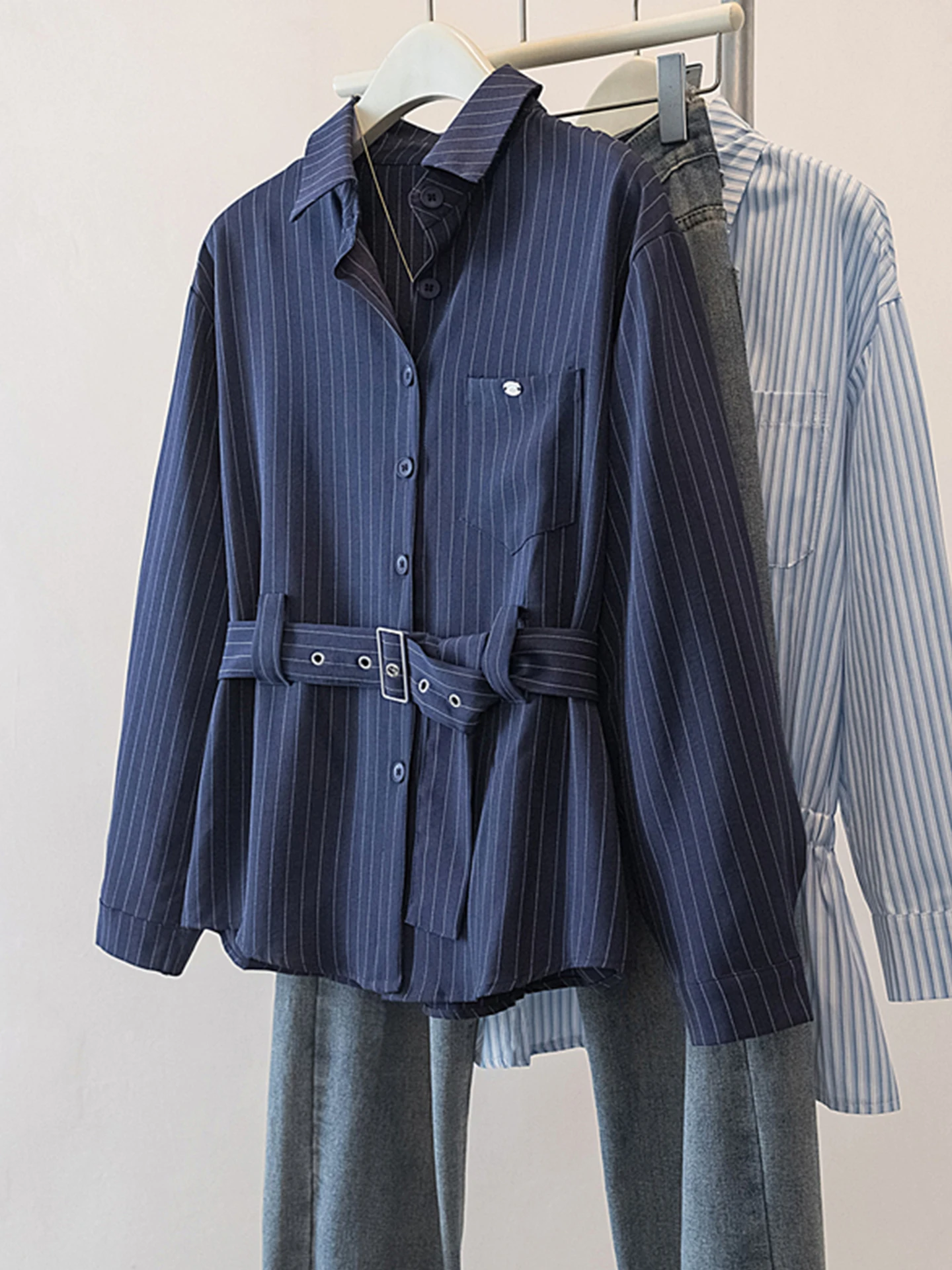 

Slimming Effect Blue Ne Striped irt Women's Early Spring plus Size Korean Sle Loose Fit Long Sve Casual Top