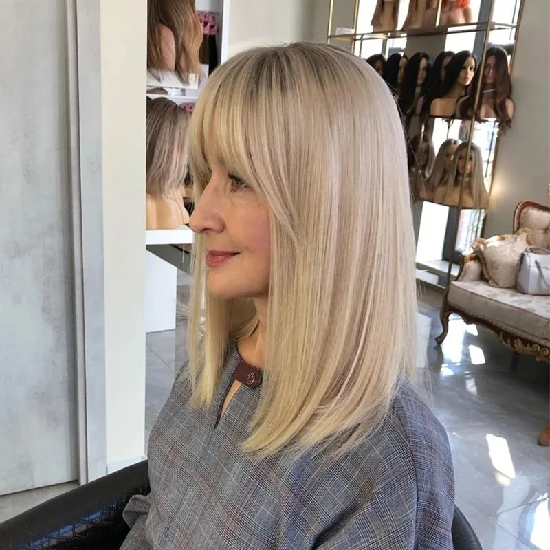 Short Curtain Bangs Wig Sexy Bouncy Blowout Lace Part Wig Hair Glueless Daily Wear Blonde Ash Dark Root Balayage Glueless Wig