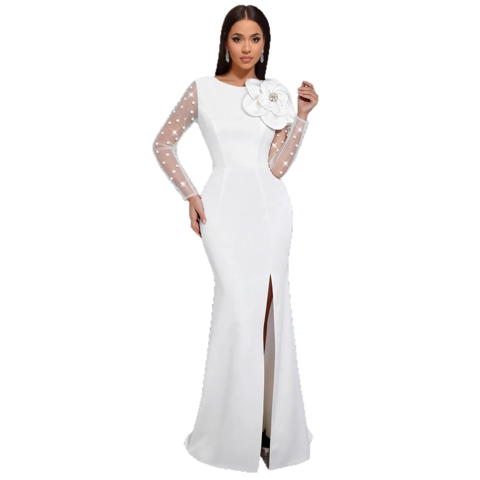 

Elegant Round Neck Flowers Beading Mermaid Long Plus Size Formal Evening Dress With Long Sleeves White