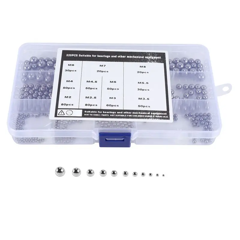 AS94-520Pcs Precision Steel Ball Bearings ,2-8Mm Balls Magnetic Loose Bicycle Bearing Balls Assortment Kit