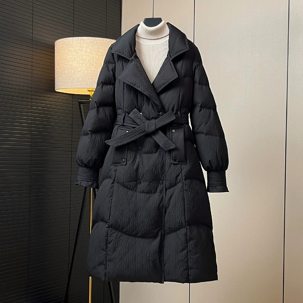 90%ホワイトダックダウンダウンジャケット2025冬新作女性ファッションスーツカラー厚手ダウンコートレディースレースアップロングパーカーオーバーコート