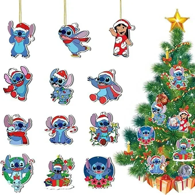 12pcs Disney Stitch Anime Figure Christmas Tree Ornaments cute Pendant Doll Hanging Decor Christmas Home Party Supplies kid Gift